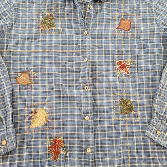 Bobbie Brooks size XL Plaid Fall Leaves Button Up long shirt Blue - Picture 3 of 6